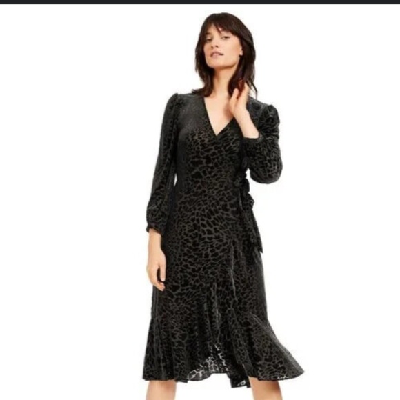 Black Size 2 Calvin Klein Burnout Velvet Leopard Wrap Dress - Picture 2 of 7